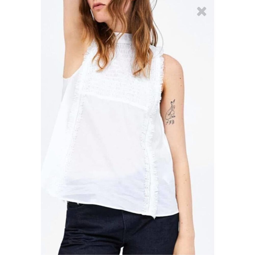 ZARA White Eyelet Cotton Blouse with Beaded Hem Size S